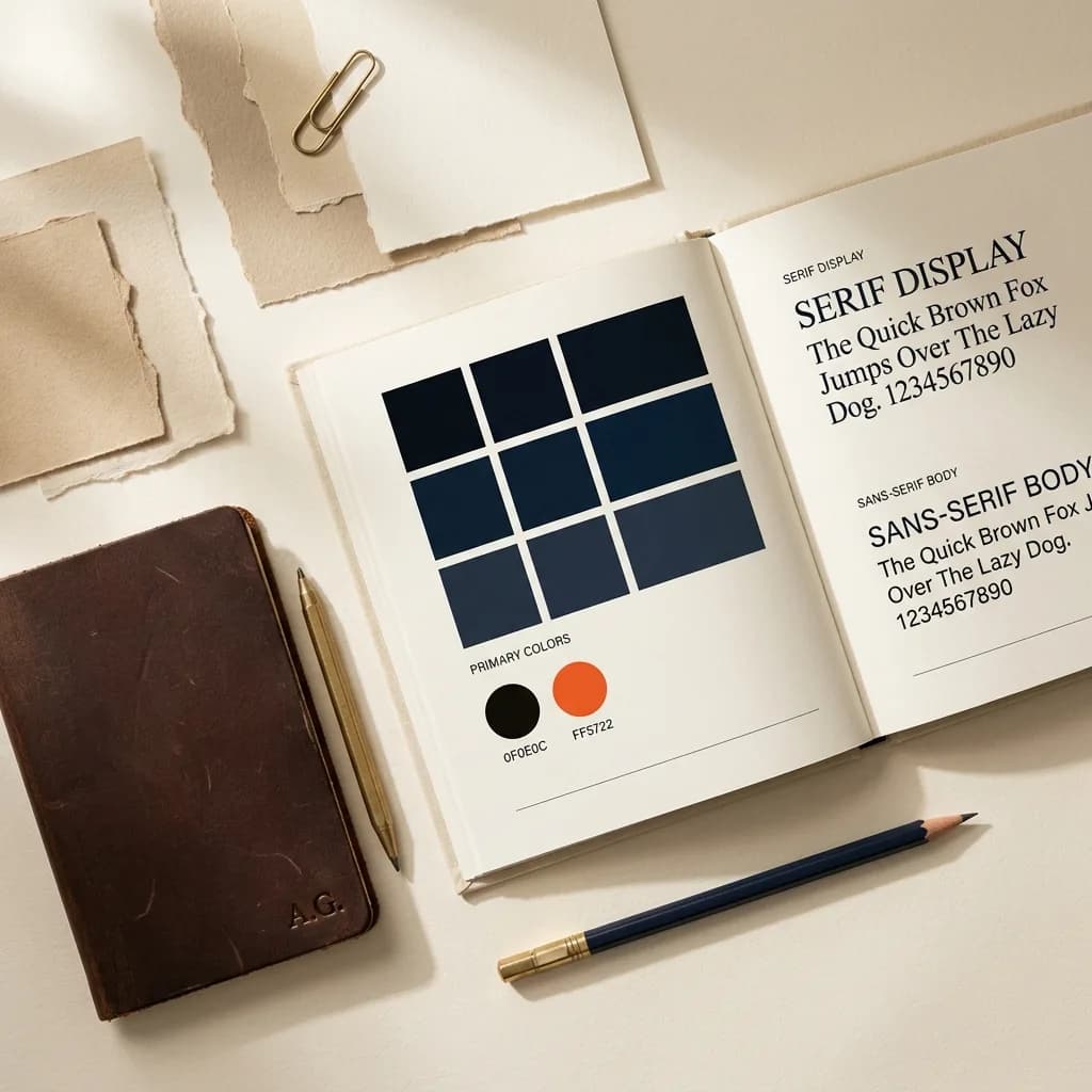 Flat-lay éditorial d'un brand book : nuancier, échantillons typographiques, carnet en cuir