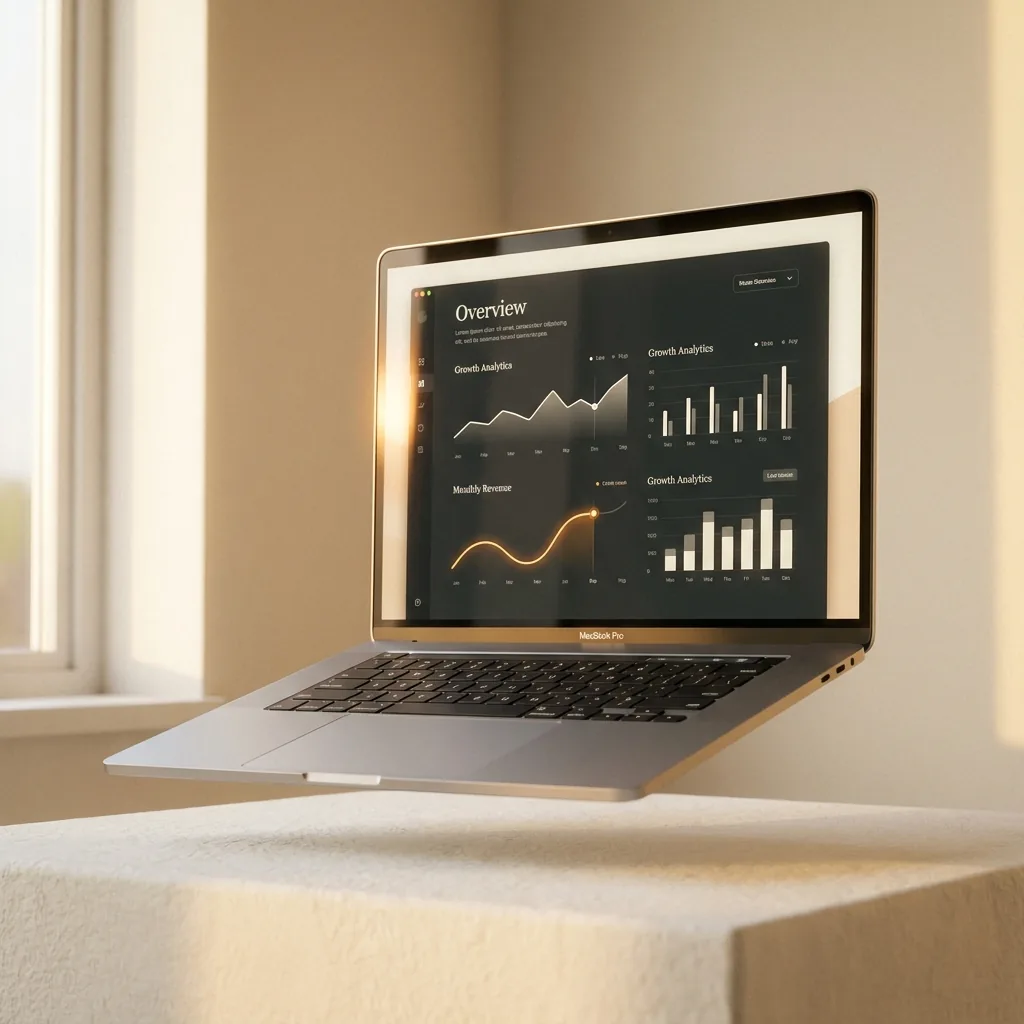 Dashboard analytics éditorial sur fond crème, courbe orange accent sur fond monochrome