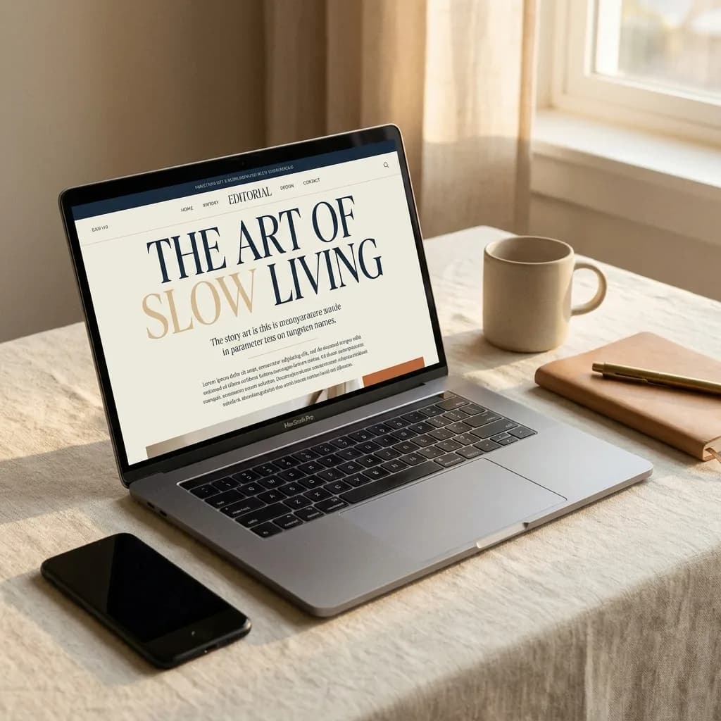 MacBook et iPhone sur bureau lin crème, lumière naturelle dorée