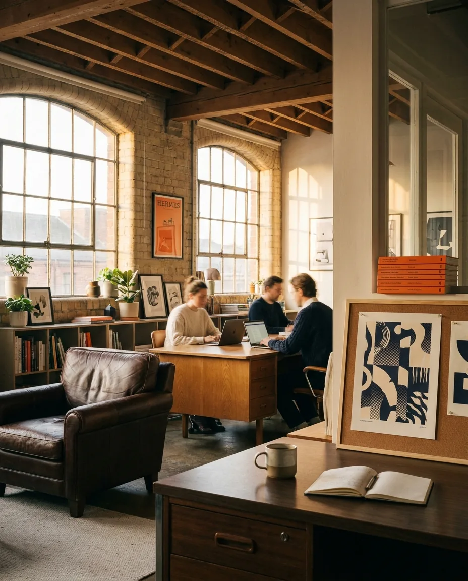 Studio Aureon Collective — espace de travail créatif baigné de lumière chaude